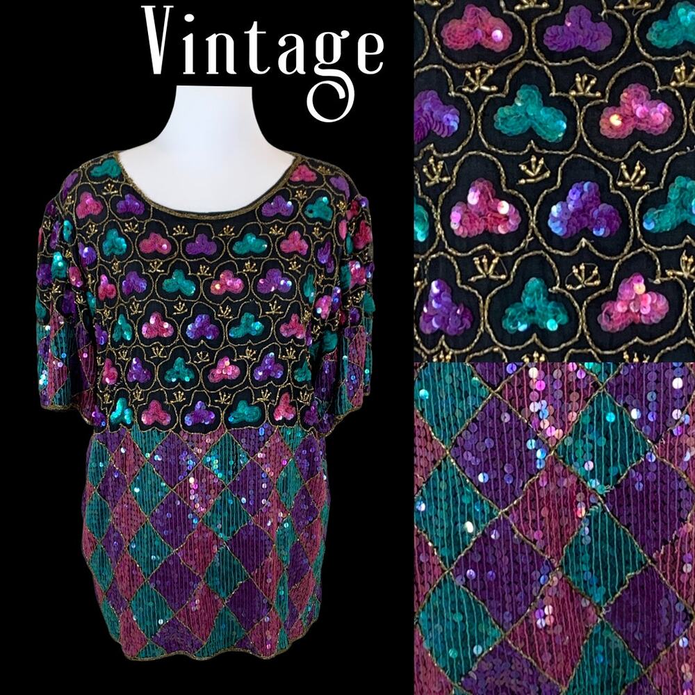 Vintage Harlequin Sequin Top Evening Cocktail Holiday Party Christmas Wedding